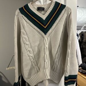 Vintage Preswick & Moore V-Neck Sweater - Cream, Green, and Gold